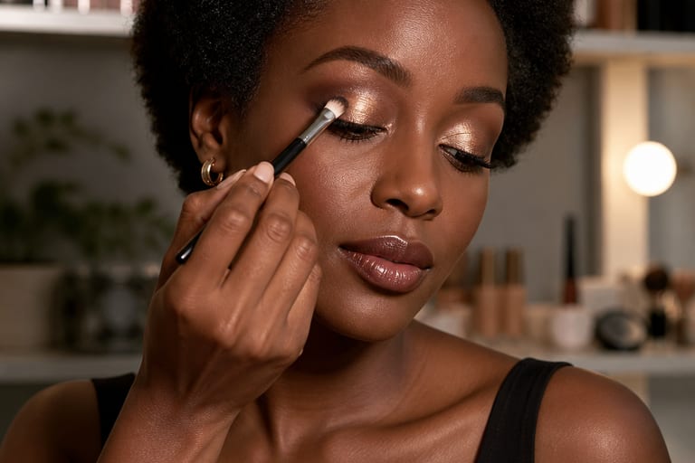 Mulher aplicando sombra metálica em pele negra em um ambiente de maquiagem bem iluminado, com produtos de beleza ao fundo.