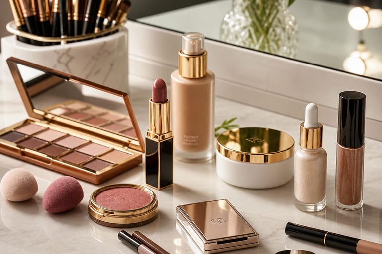 Produtos de maquiagem de alta qualidade em uma mesa, com foco em texturas variadas e embalagens elegantes, em ambiente bem iluminado.