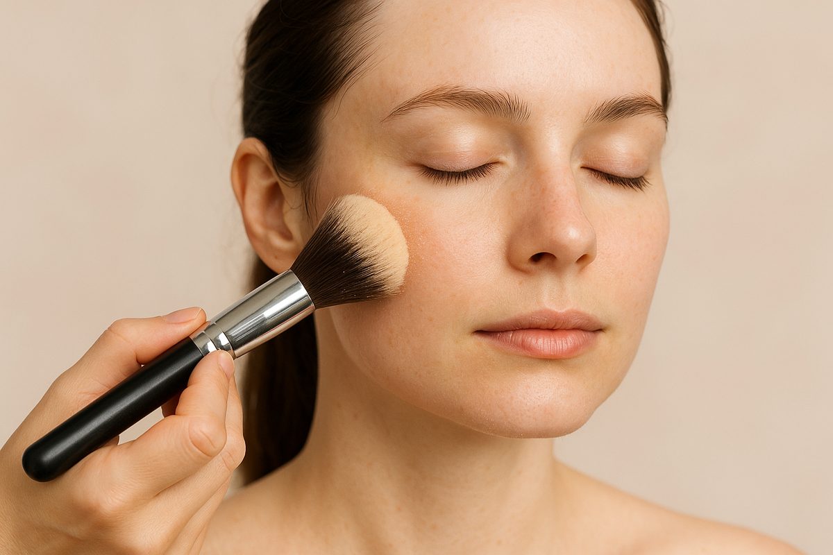 Mulher aplicando pó mineral com pincel macio em toques leves no rosto