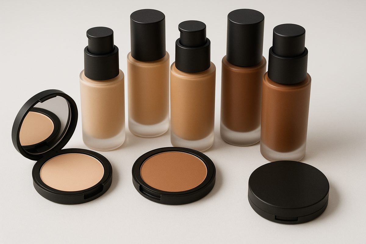Frascos de base matte oil-free em tons variados alinhados sobre superficie branca