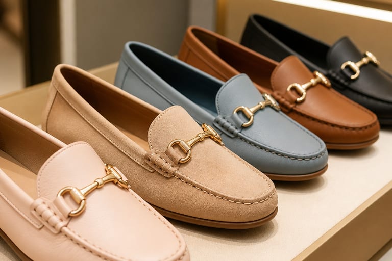 Close em diferentes modelos de mocassim feminino expostos em uma loja, com cores e texturas variadas em um ambiente de loja de calçados.