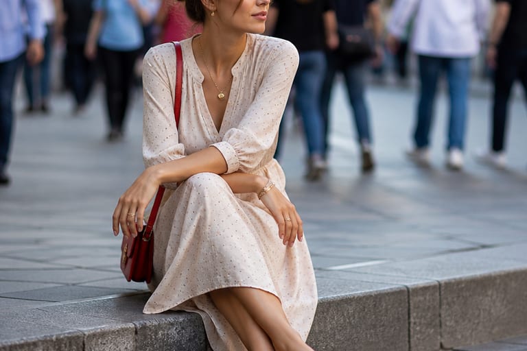 Mulher usando mocassim vermelho em um ambiente urbano, vestindo um vestido leve e acessórios combinando, em uma rua movimentada.