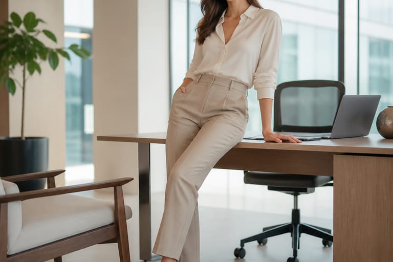 Mulher usando mocassim, calça de alfaiataria e blusa elegante em um escritório moderno e bem iluminado.