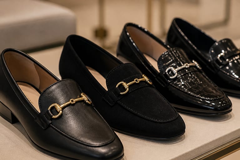 Close em diferentes modelos de mocassim preto feminino em uma loja, destacando texturas de couro e camurça, com iluminação suave.