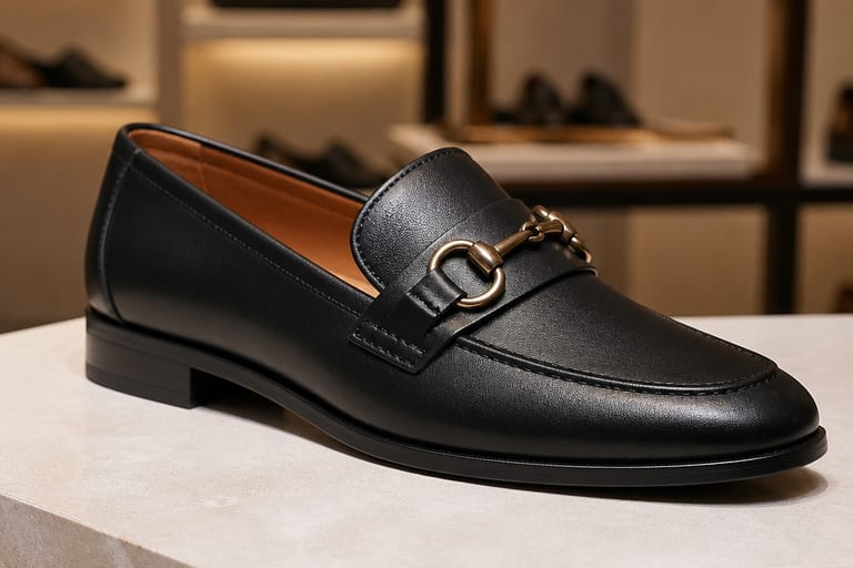 Detalhe de mocassim preto feminino em couro liso, com foco na textura e acabamento, em ambiente de loja com iluminação suave.