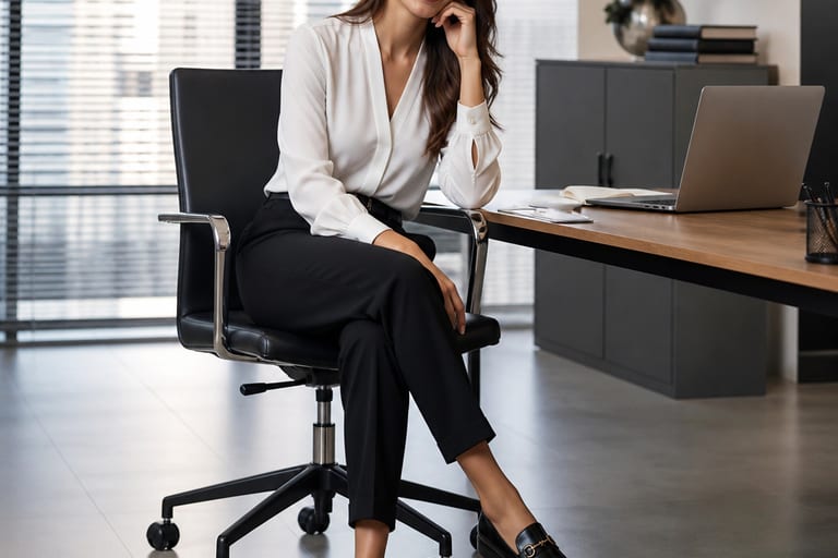 Mocassim preto feminino em um ambiente de trabalho, combinado com calça de alfaiataria e blusa elegante, em um escritório moderno e bem iluminado.