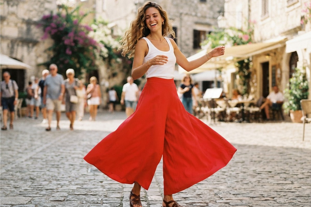 Mulher com pantalona vermelha, blusa branca e sandálias rasteiras em ambiente ao ar livre