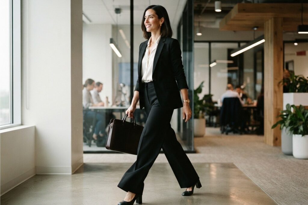 Mulher elegante com calça pantalona preta de cintura alta, salto e blusa neutra em fundo bege
