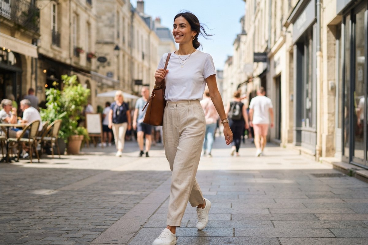 Mulher casual com pantalona bege, camiseta branca e tênis branco andando na rua