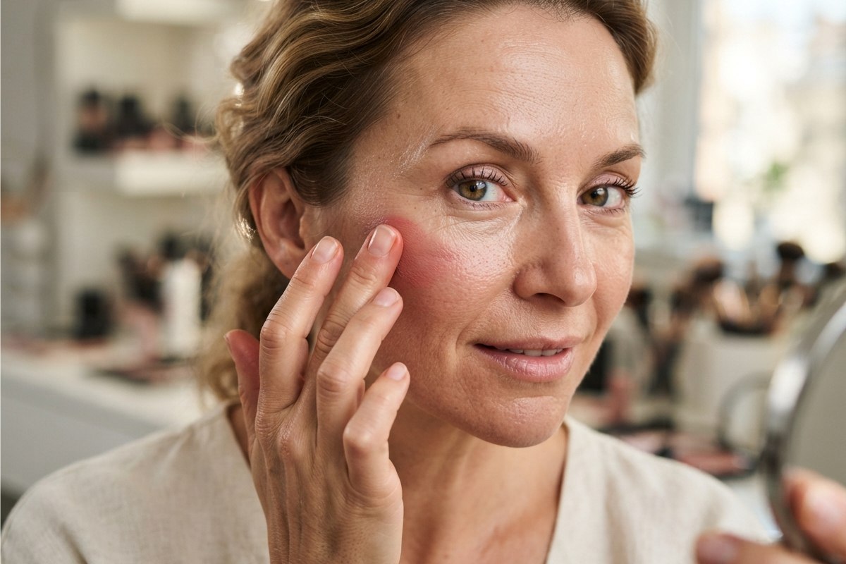 Mulher madura aplicando blush cremoso rosado nas maçãs do rosto