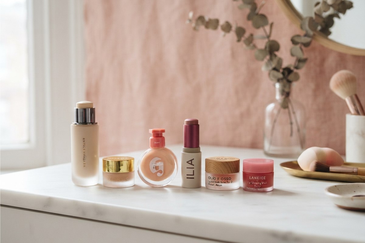 Produtos de maquiagem para pele madura: base, corretivo, blush cremoso e iluminador