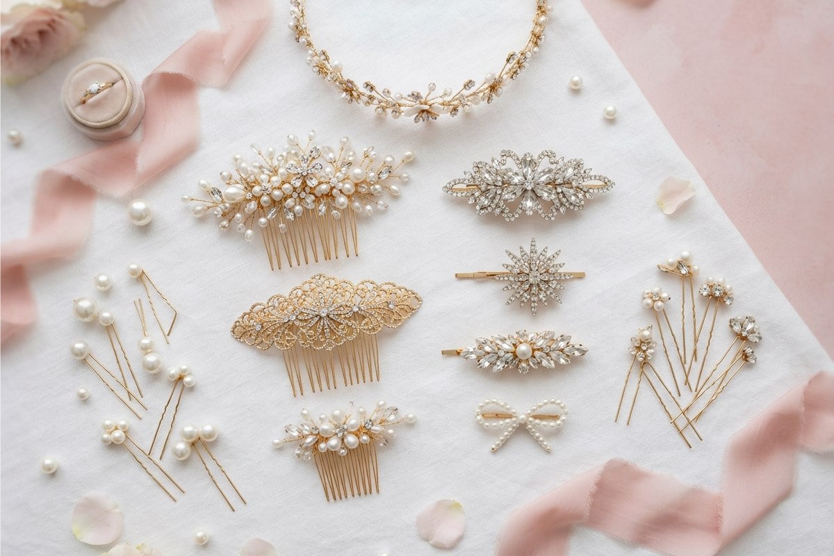 Acessórios de cabelo para festa: pentes de pérolas, presilhas douradas e clips com strass em flat-lay