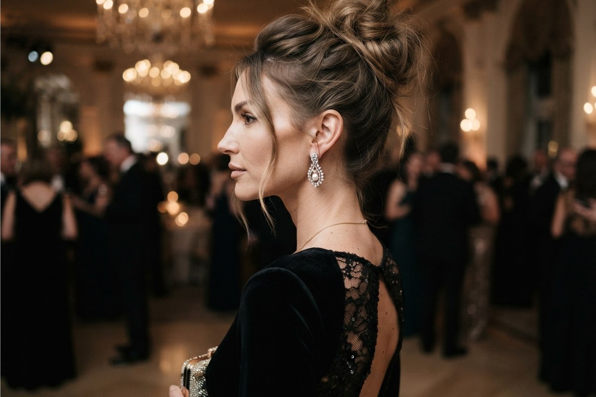 Mulher com coque alto despojado, mechas soltas emoldurando o rosto e brincos elegantes