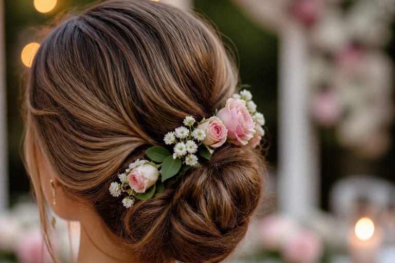 Penteado com flores naturais em ambiente externo de casamento, com decoração romântica ao fundo.
