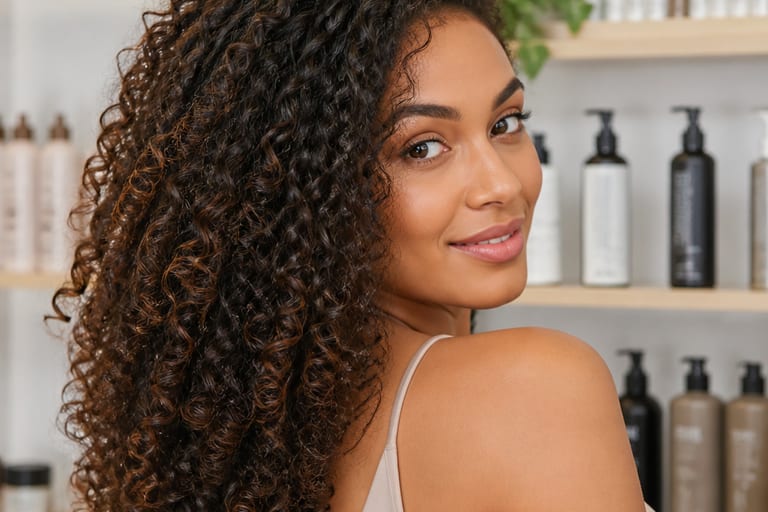 Mulher com cabelo cacheado bem tratado em salão de beleza, com produtos de cabelo ao fundo, destacando a textura e o brilho dos fios.