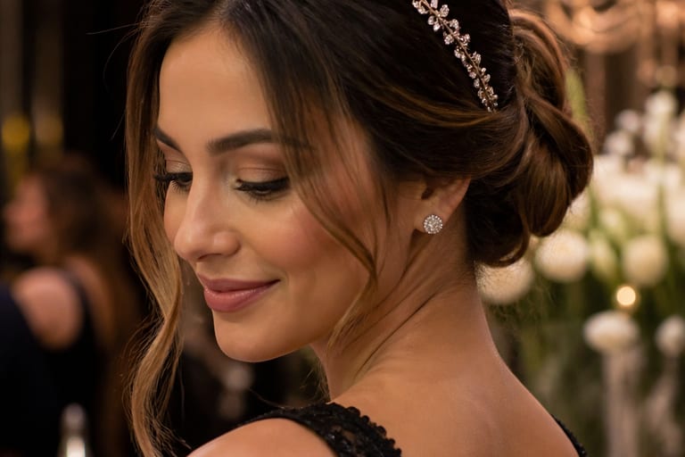 Mulher usando uma tiara delicada em um ambiente de festa com luz suave e decoração elegante ao fundo.