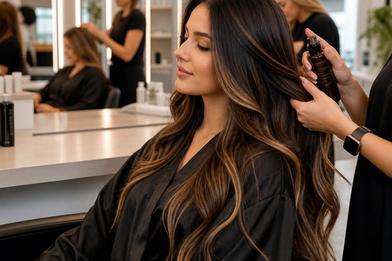 Mulher em salão de beleza com cabelo mega hair sendo tratado com produtos de qualidade, ambiente iluminado e moderno, profissionais ao fundo.