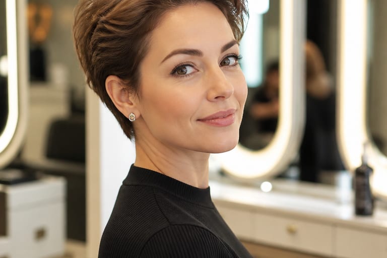 Mulher com cabelo curto e rosto oval, usando um penteado volumoso no topo, em um salão de beleza iluminado com espelhos ao fundo.