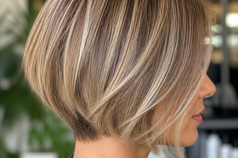 Close em cabelo curto com mechas loiras, apresentando acabamento brilhante e saudável em salão de beleza com luz natural.