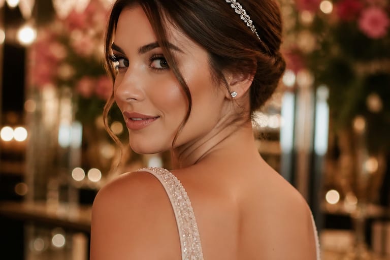 Mulher com cabelo curto preso em um coque, usando uma tiara elegante em um ambiente de festa decorado e iluminado.