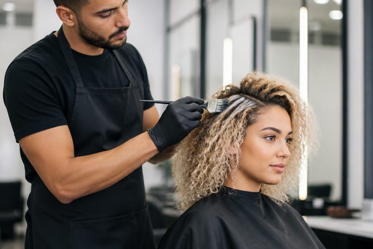 Mulher com cabelos cacheados e descoloridos em um salão de beleza, recebendo coloração aplicada por um profissional em ambiente moderno e iluminado.