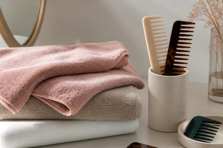 Acessórios para cabelo, incluindo pentes de dentes largos e toalhas de microfibra, organizados em uma mesa bem iluminada.