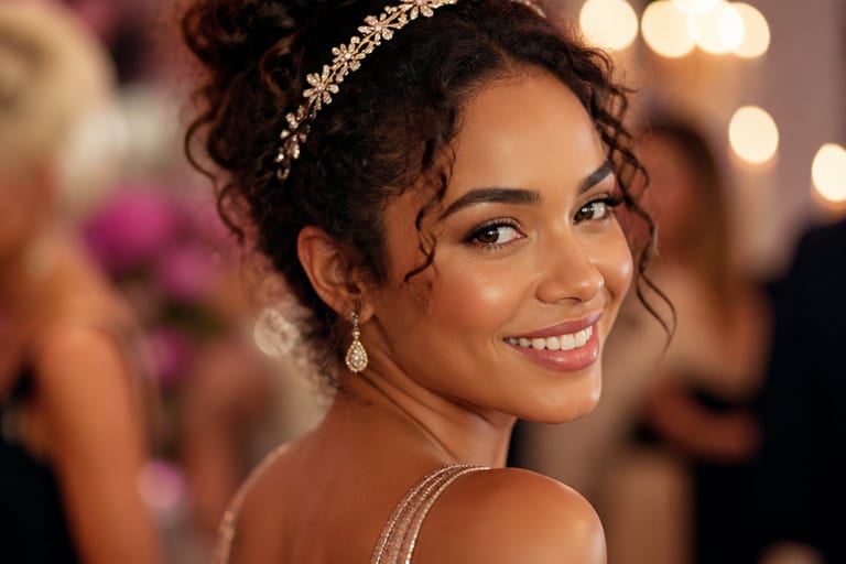 Mulher com cabelos cacheados em um coque bagunçado e tiara elegante, sorrindo em um ambiente de festa iluminado.