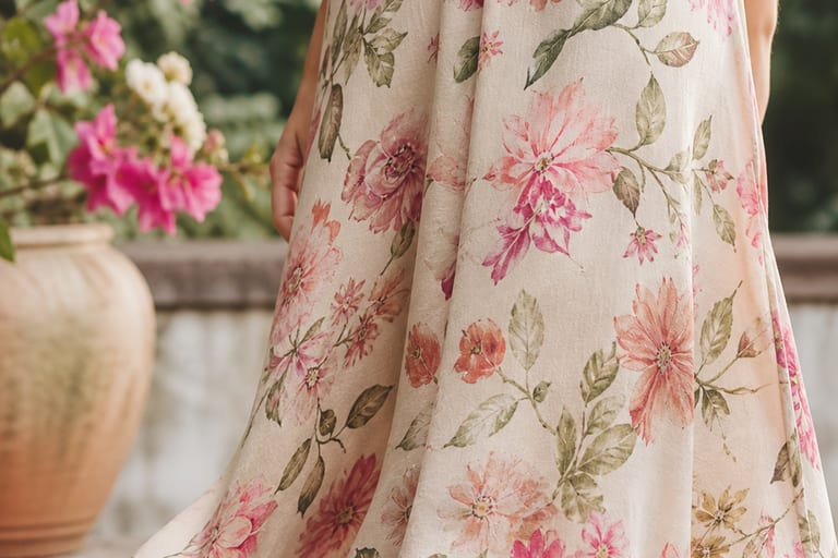 Saia midi estampada com flores em um jardim, destacando a textura do tecido sob luz natural.