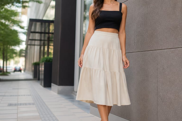 Mulher estilosa usando saia midi, tênis e blusa cropped em ambiente urbano, com luz natural.