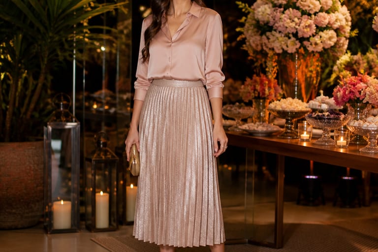 Mulher em ambiente de festa usando saia midi, blusa de seda e sapatos de salto, com luzes suaves e decoração elegante.