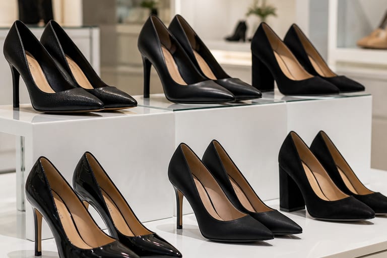 Diversos modelos de scarpin preto em uma loja, exibindo diferentes estilos e alturas de salto em um ambiente bem iluminado.