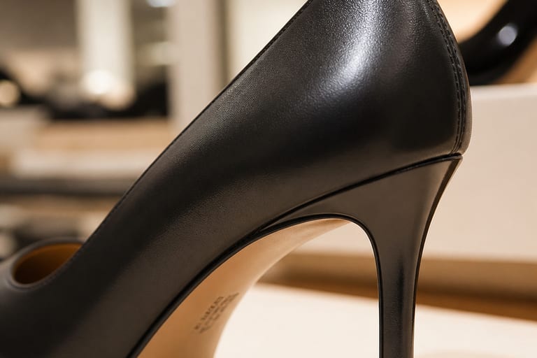 Close em um scarpin preto de couro com detalhes de costura e acabamento, em uma loja bem iluminada.