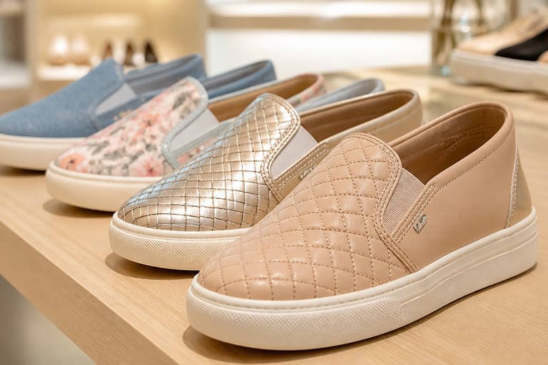 Close em diferentes modelos de slip on feminino em loja, destacando cores e texturas variadas com iluminação suave.