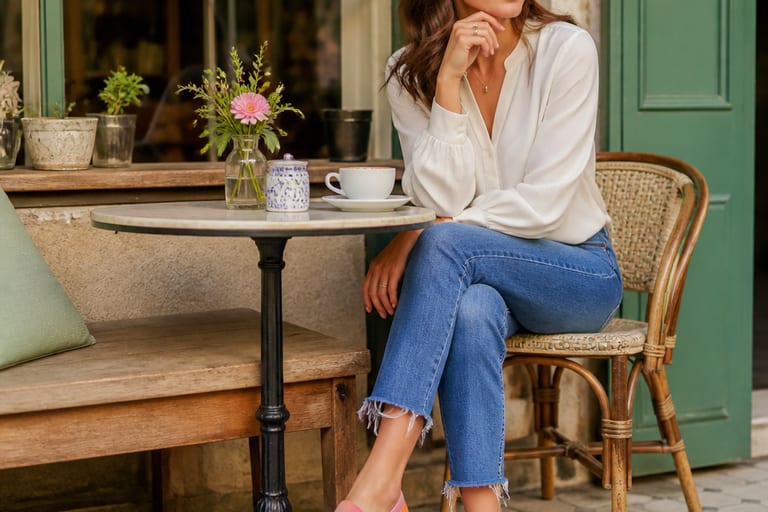 Mulher usando slip on feminino colorido em um café, com mesa decorada e luz natural, vestindo blusa leve e jeans.