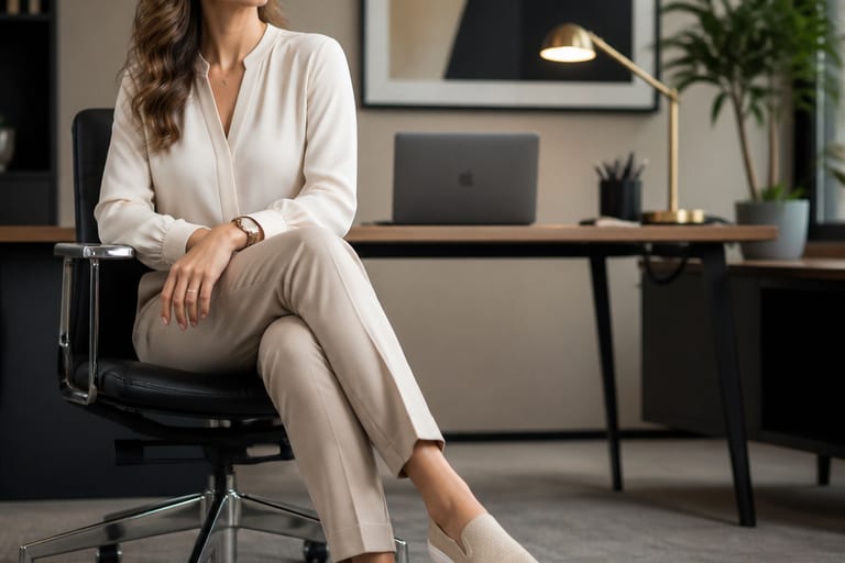 Mulher usando slip on feminino em um escritório, com mesa de trabalho ao fundo, vestindo calça de alfaiataria e blusa elegante.