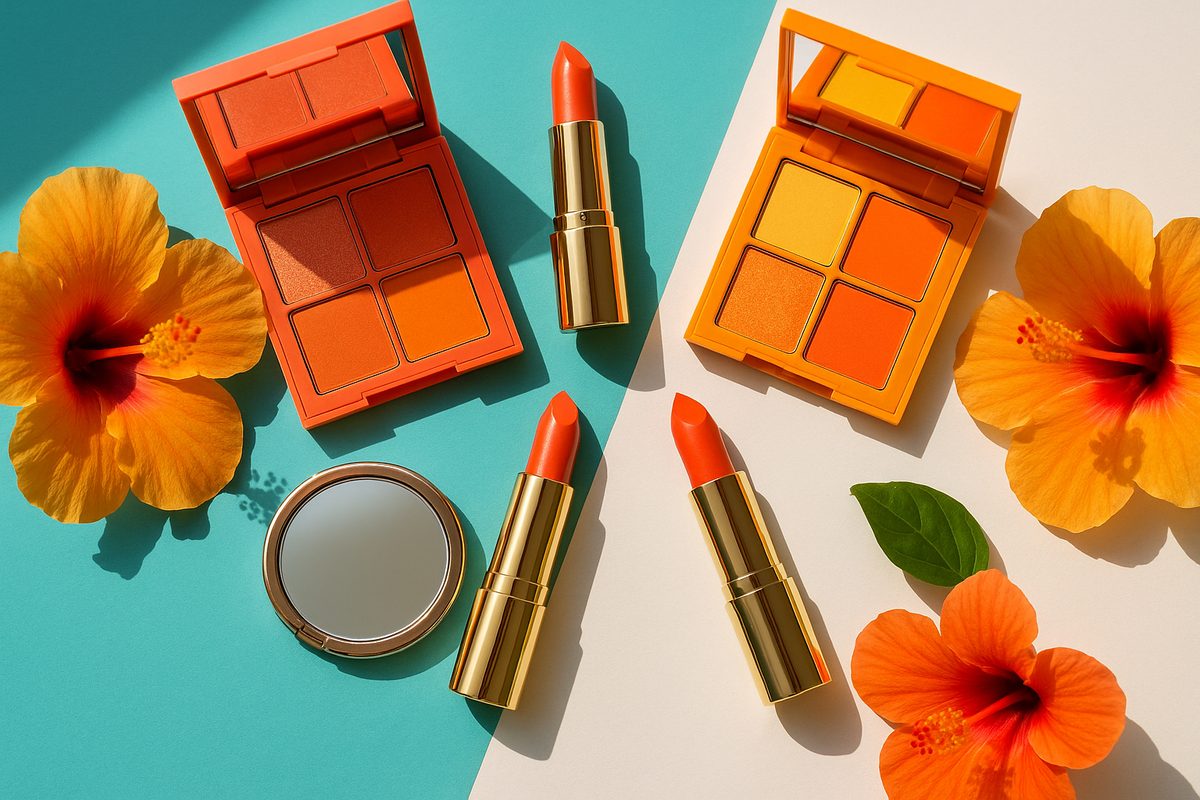 Flat-lay de paletas de sombras em tons tropicais, batons coral e flores de hibisco