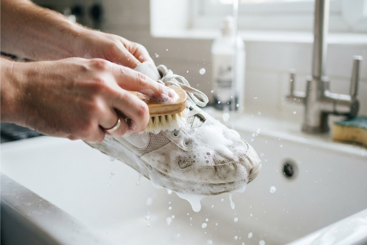 Mãos escovando um tênis branco com escova macia e espuma no lavatório