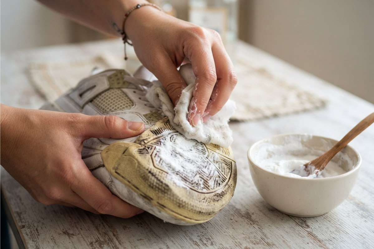 Mãos aplicando pasta de bicarbonato de sódio na sola amarelada de um tênis branco
