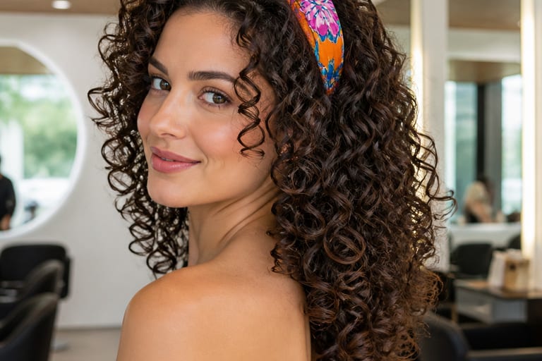 Mulher com cabelo cacheado em camadas e tiara colorida, em um salão de beleza com luz natural, destacando o cabelo.