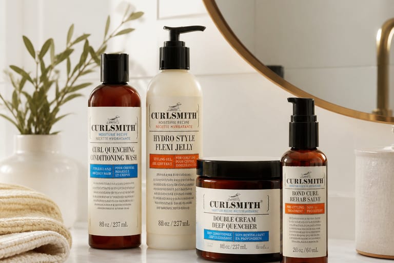 Produtos para cabelo cacheado dispostos sobre uma mesa de mármore em um banheiro, com diferentes texturas e embalagens, iluminados por luz natural.