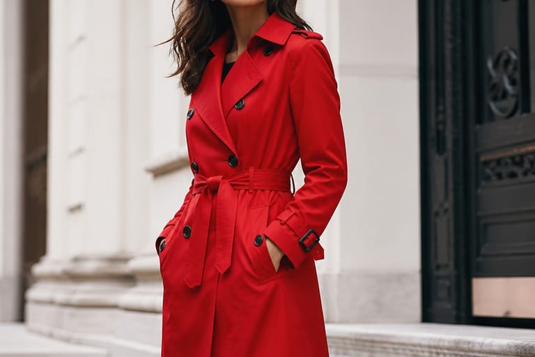 Trench coat vermelho vibrante em ambiente externo, destacando sua cor e estilo.