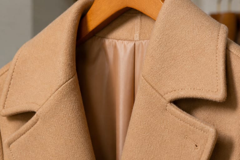 Trench coat de lã em um cabide, destacando a textura e qualidade do material em um ambiente iluminado.