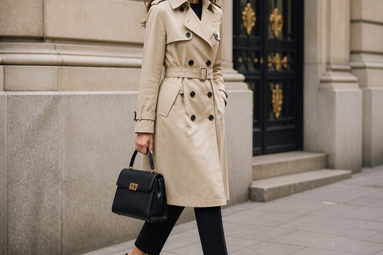 Mulher usando trench coat elegante, com bolsa e sapatos de salto, em um ambiente urbano.