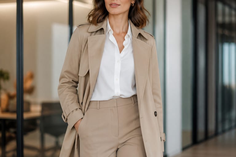 Mulher usando trench coat, blusa de botão e calças de alfaiataria em ambiente de trabalho, com pose confiante.