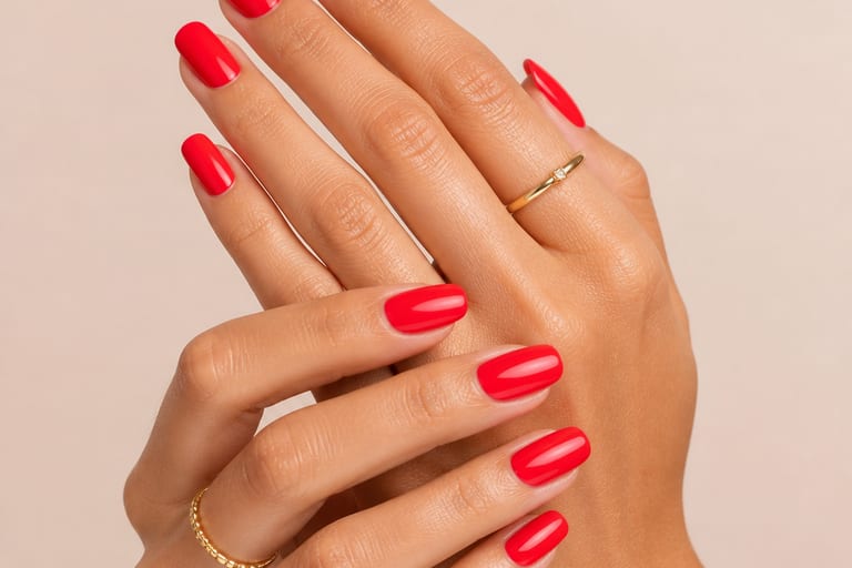 Mãos com unhas de gel em cores vibrantes, destacando o acabamento brilhante, em ambiente iluminado com fundo neutro.