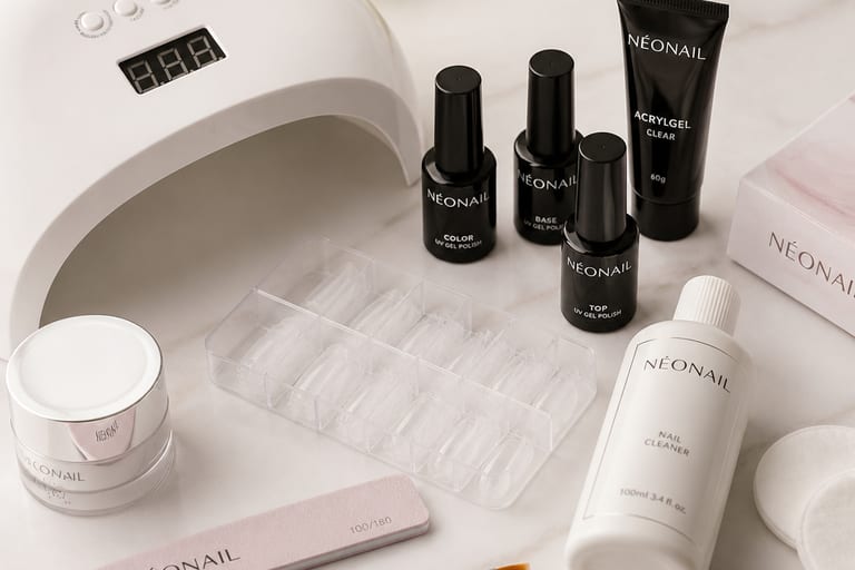 Materiais para fazer unhas de gel em casa dispostos em uma mesa clara, incluindo produtos de qualidade.