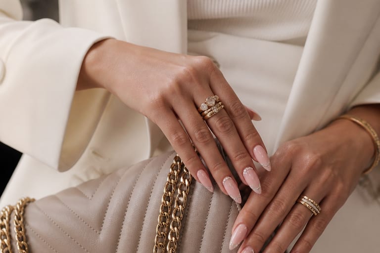 Mãos com unhas de gel decoradas com strass e acessórios, em ambiente bem iluminado, mostrando um look elegante e moderno.