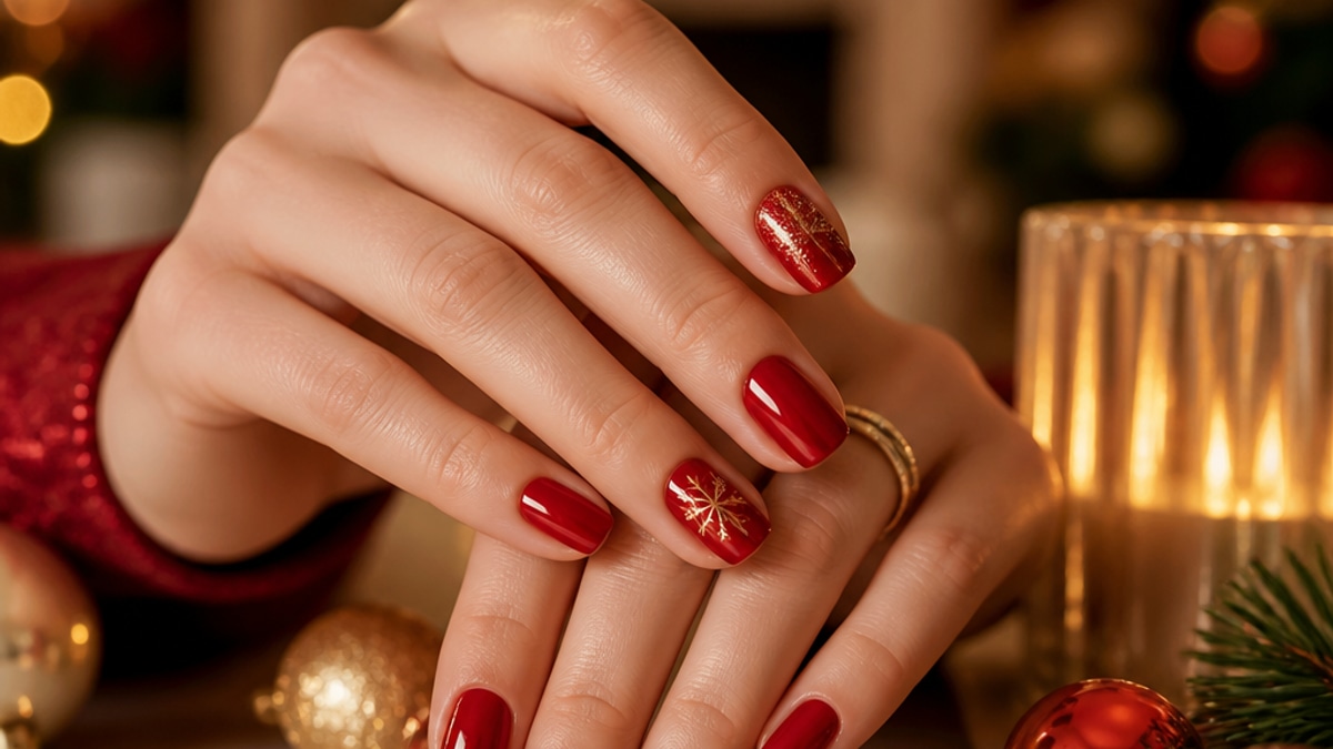 Mãos com unhas decoradas em esmalte vermelho e detalhes dourados, em um ambiente festivo com decoração natalina ao fundo.