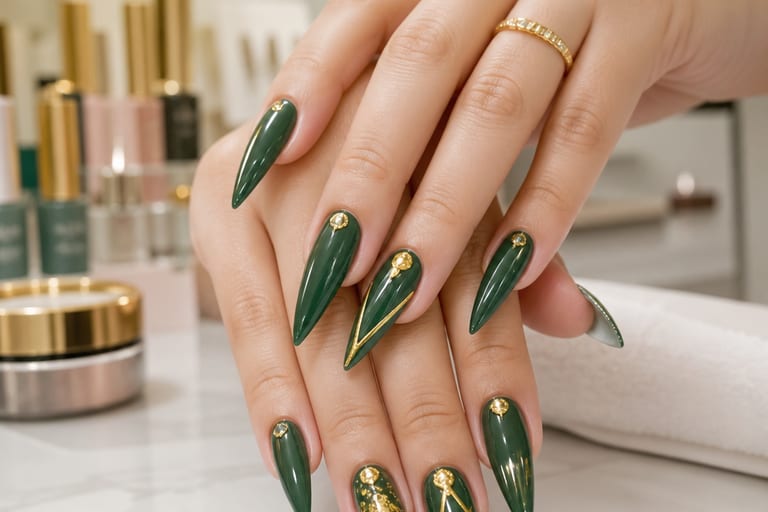 Mãos com unhas em formato stiletto, esmaltação verde e detalhes dourados, em um salão de beleza bem iluminado com produtos de manicure ao fundo.