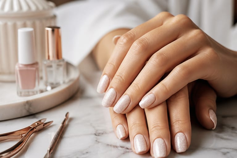 Mãos com unhas decoradas em textura areia sobre uma mesa de mármore, com produtos de manicure ao redor.